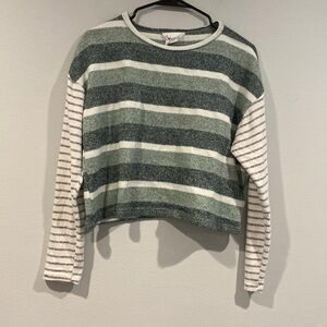 Sadie & Sage Green and White Stripped Cropped Sweater - Size Small